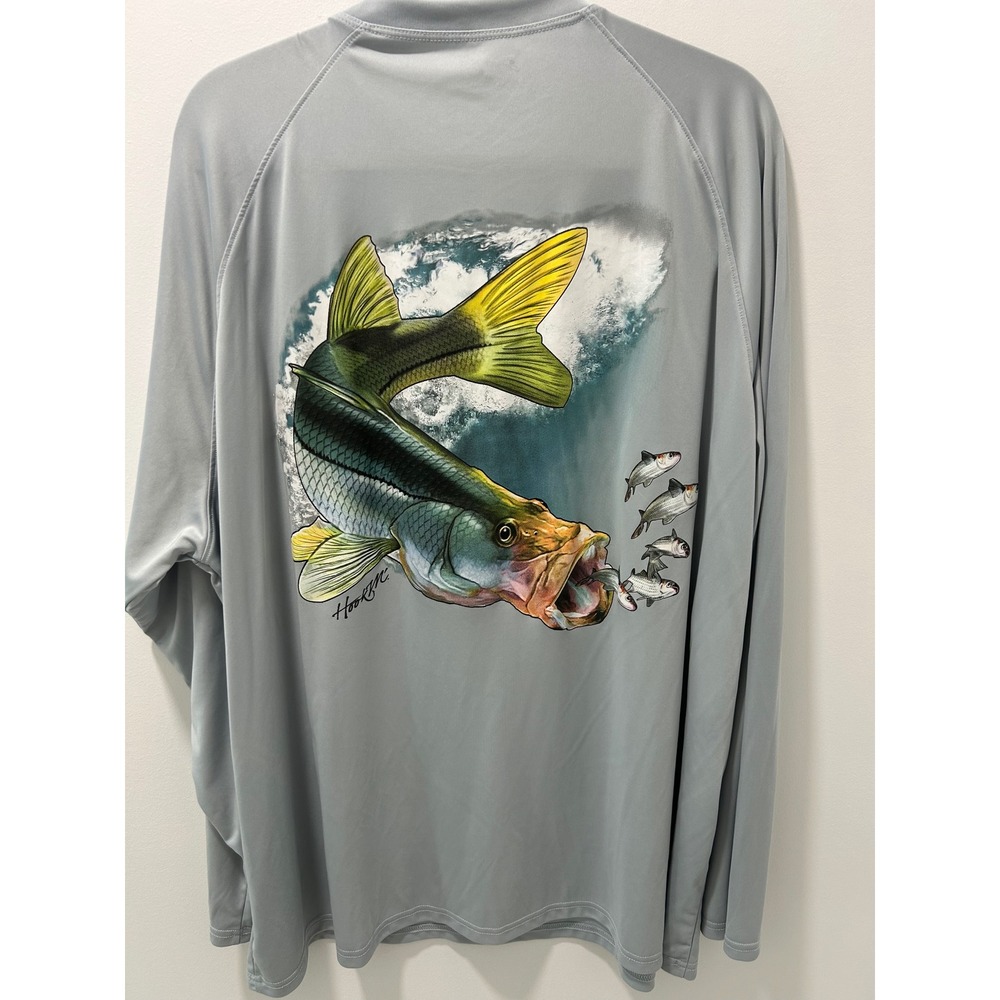 Bimini Bay Outfitters Mens 3XL Gray Long Sleeve Snook Fishing Shirt Hook & M